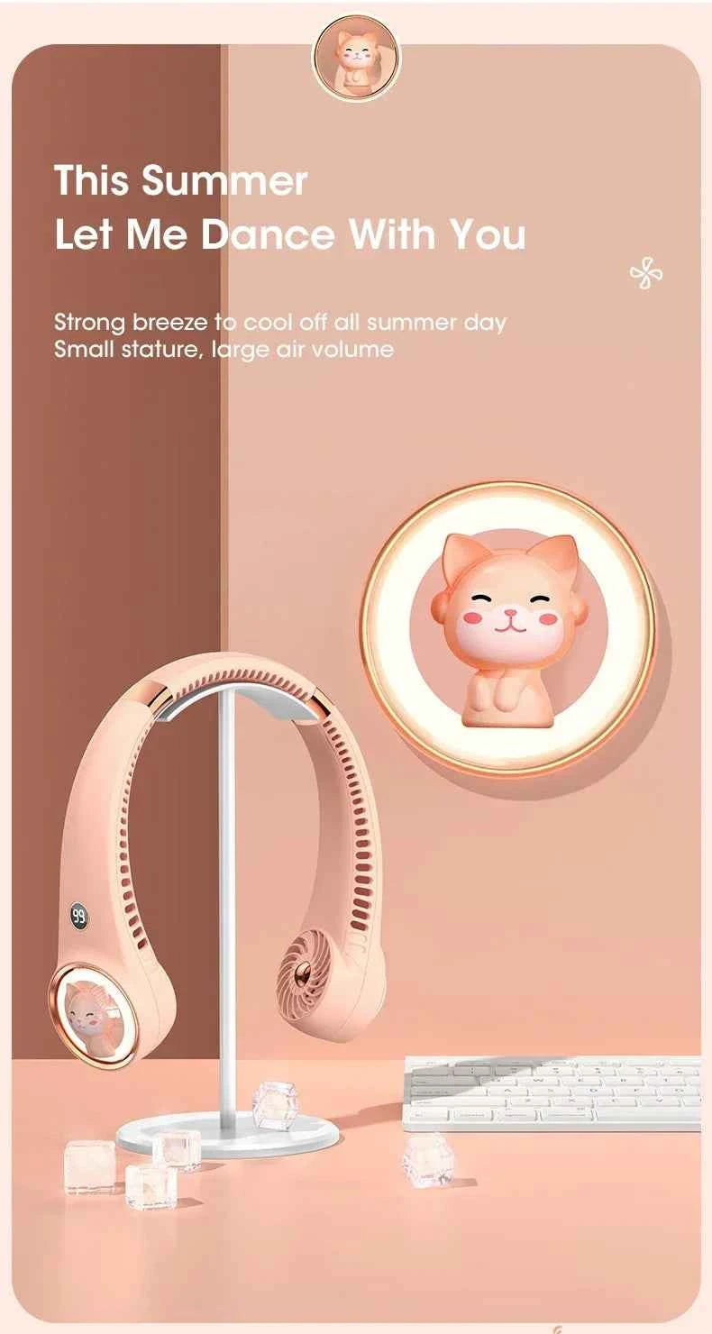 Bladeless Neck Fan 2000mAh USB Rechargeable Digital Display Cute Cat Hanging Mini for Travel Office