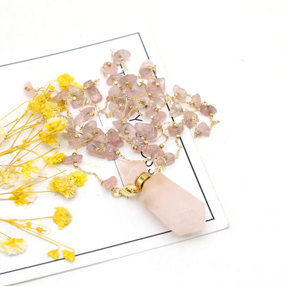Natural Stone Rose Quartz Perfume Bottle Essential Oil Diffuser Reiki Healing Exquisite Necklace Jewelry Gift - AMULET RING STORE