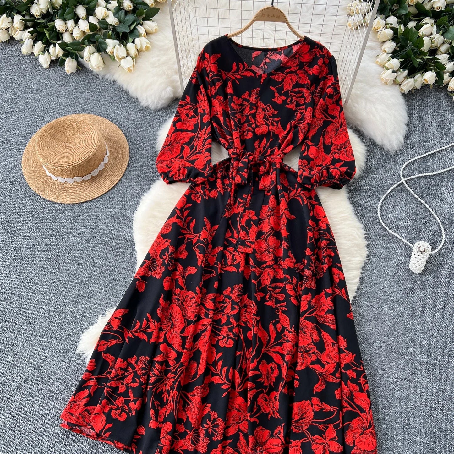 Elegant Boho Floral Print Floral Pleated Maxi Long Dress Female V Neck Puff Sleeve Belt Dresses Women Summer Dress Robe