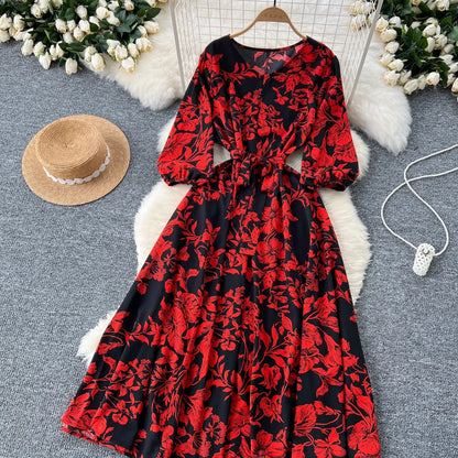 Elegant Boho Floral Print Floral Pleated Maxi Long Dress Female V Neck Puff Sleeve Belt Dresses Women Summer Dress Robe
