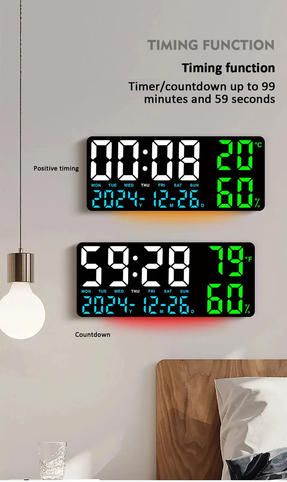 Digital Wall Clock with Atmosphere Lights Remote Control TEMP Humidity Display LED Large Table Clock Multifunctional Alarm Clock