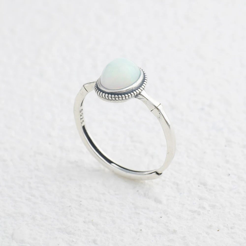 Vintage S925 Silver Ring Natural Opal Antiqued Bamboo Stackable Open Bands Adjustable Handmade Boho Jewelry Birthstone Gift - AMULET RING STORE