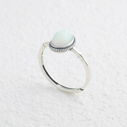 Vintage S925 Silver Ring Natural Opal Antiqued Bamboo Stackable Open Bands Adjustable Handmade Boho Jewelry Birthstone Gift - AMULET RING STORE