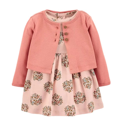 Infant Baby Girls Bodysuit Dress Cotton Floral Baby Girls Long-Sleeved Coat+Short SLeeve Dress 2Pieces Baby Girls Clothes sets