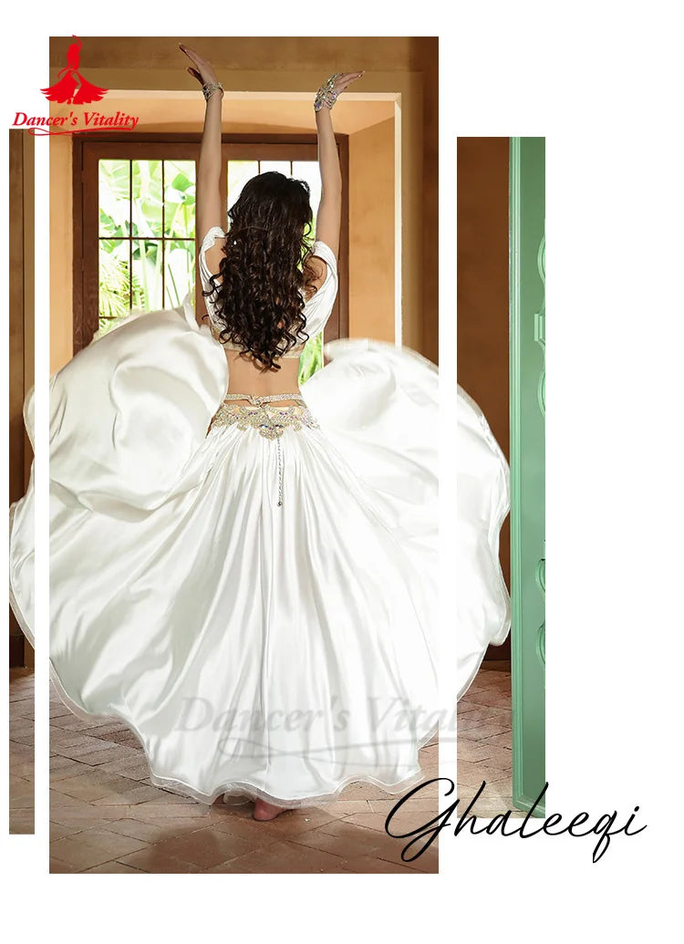 Belly Dance Performance Suit for Women Senior AB Stones Bra+satin Split Long Skirt 2pcs for Women Oriental Belly Dancing Outfit