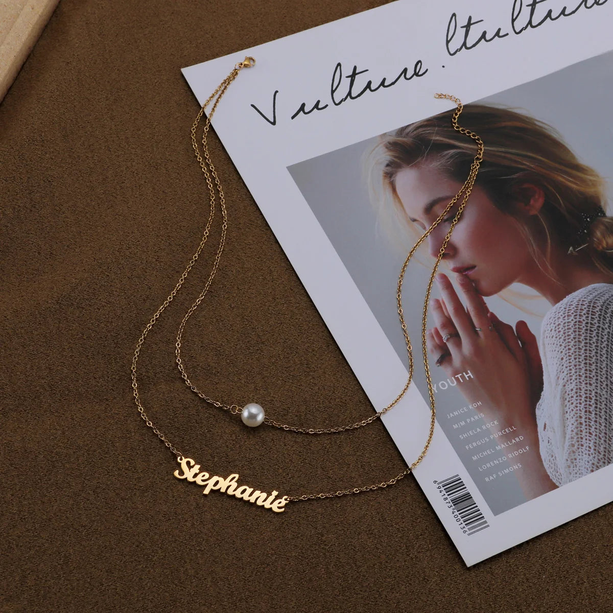 Atoztide Custom Name Necklace Double Layers Zircon Beads Stainless Steel Personalized Pendant Choker for Women Jewelry Gifts