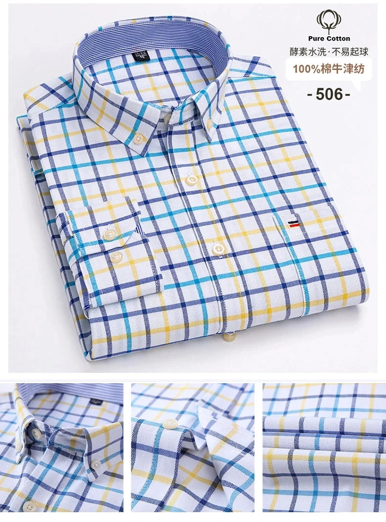 100% Cotton Oxford Men's Shirts Long Sleeves Plaid Soft Regular Fit Formal Dress Shirt Pocket Social Blouse Male Clothes S-7XL