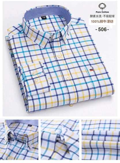 100% Cotton Oxford Men's Shirts Long Sleeves Plaid Soft Regular Fit Formal Dress Shirt Pocket Social Blouse Male Clothes S-7XL