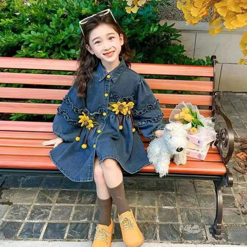 2025 New Arrival Girls' Little Korean Stylish Denim Long Sleeve Dress for 4-12 Years Old Kids Spring/Autumn