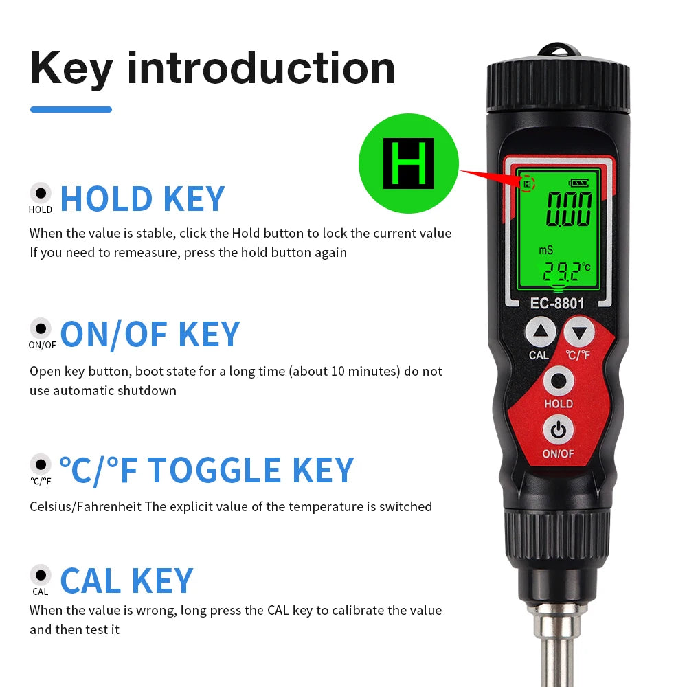 2 In 1 Soil EC Meter Handheld Digital Soil Tester Multifunction EC Temp Detector Backlit Soil EC Analyzer for Garden Greenhouse - AMULET RING STORE