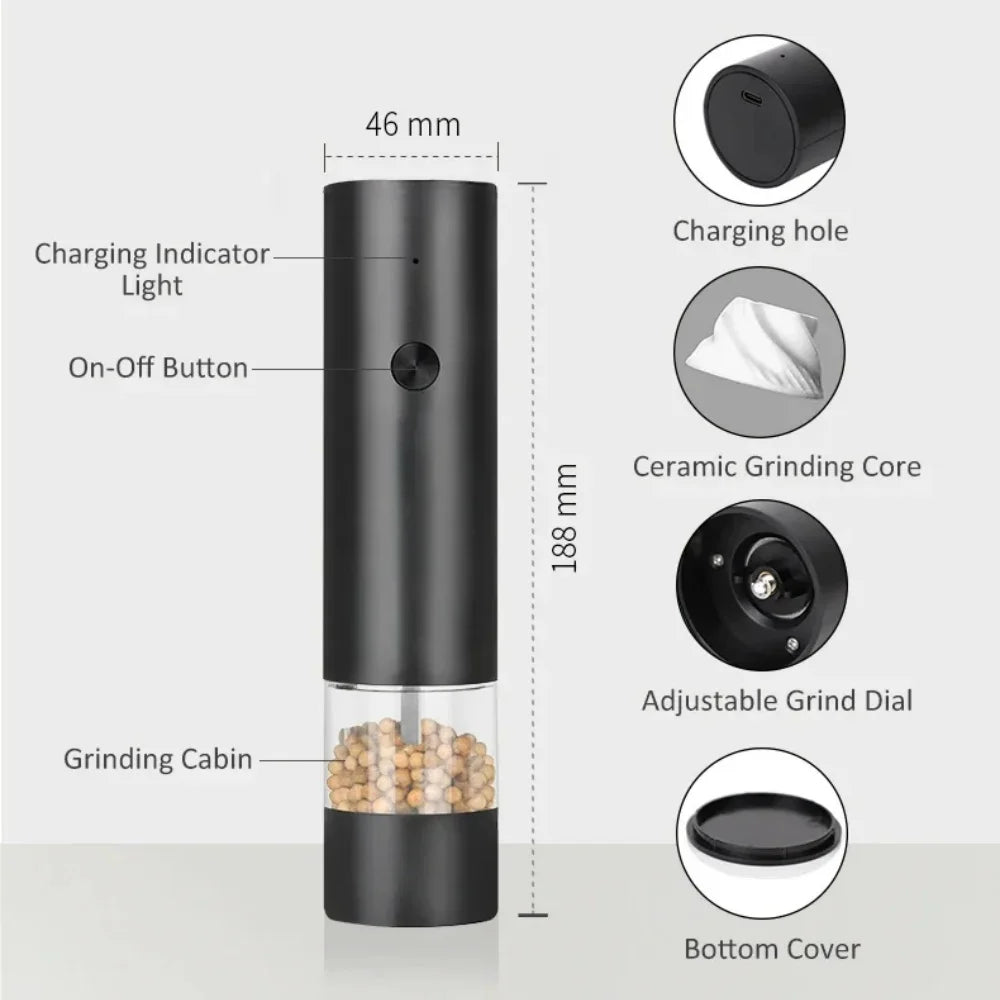 USB Rechargeable Electric Salt and Pepper Grinder Adjustable Coarseness Large Capacity Auto Spices Grinders Kitchen Cooking Tool - AMULET RING STORE