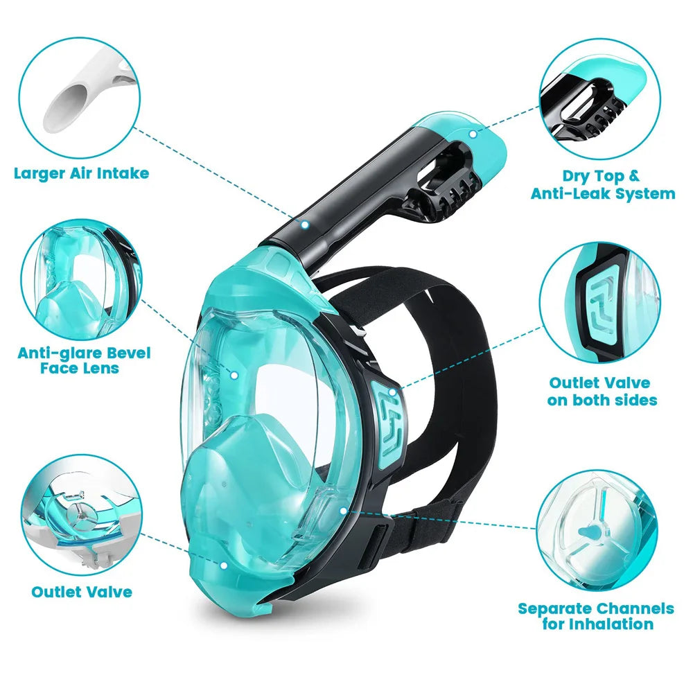 Full Face Snorkel Mask with Latest Dry Top Breathing System Detachable Camera Mount for Adults Panoramic View Anti-Leak Anti-Fog - AMULET RING STORE