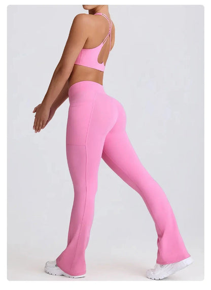 2PCS Yoga Set Women Sports Bra Sexy Gym Top Cross Strap Breathable Fitness Bra Peach Hip Yoga Pants Workout Clothes Sportswear