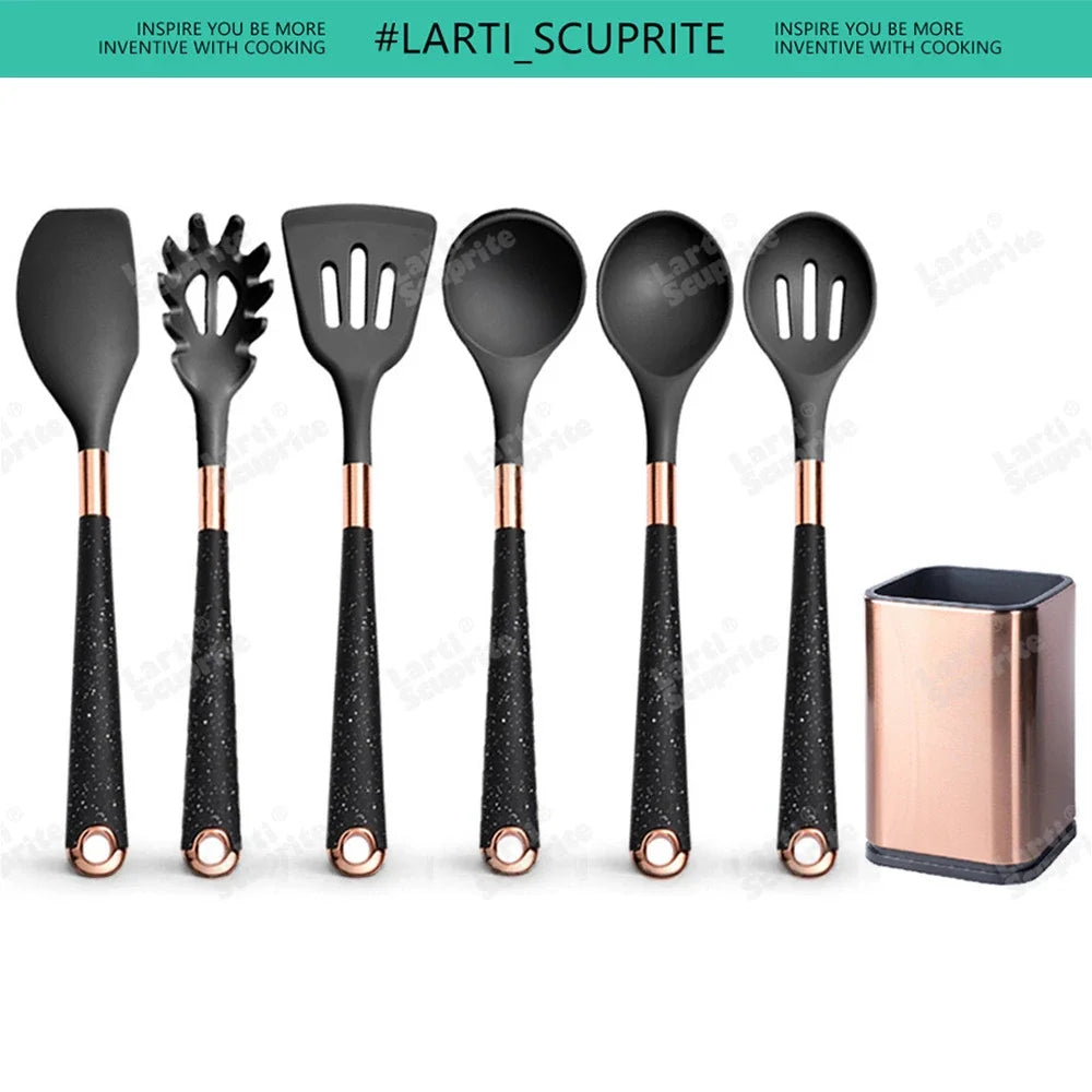 Good Quality Silicone Kitchen Utensils Set Rose Gold Plated Handle Cooking Tool Non-stick Heat Resistant Kitchenware Accessories
