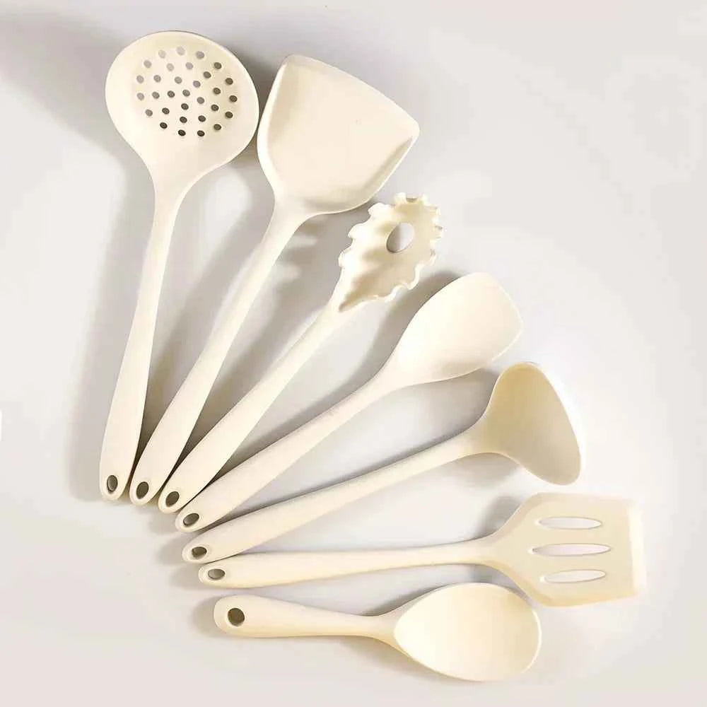 7Pcs Beige White Silicone Kitchenware Cooking Utensils Heat-resistant Spatula Turner Pasta Colander Shovel Kitchen Accessories