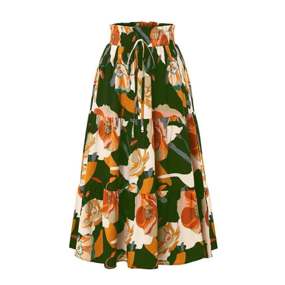 Women Floral Print Elastic Waist Pleated Skirt Multiple Colors All-match Lady Skirt