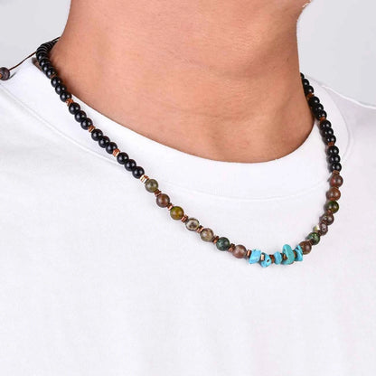 Black Onyx Turquoise Necklace for Men 6mm Natural Stone Beaded Energy Jewelry Adjustable Hand-Knotted Men's Necklace Healing Cry