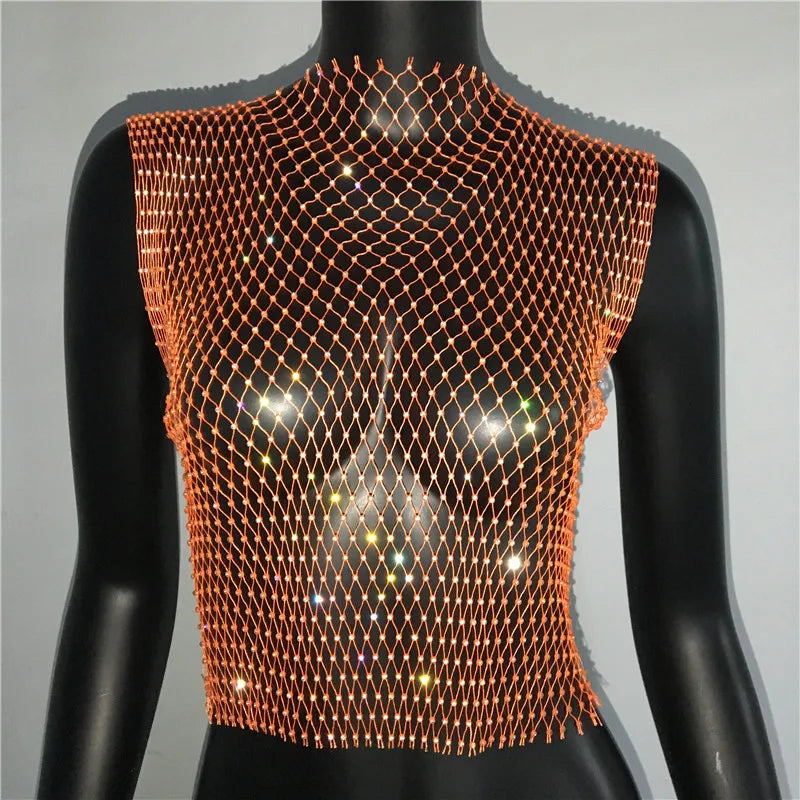 Women's Fishnet Rhinestone Crop Top 2024 Summer Sexy Mesh High Elastic Black White Shirt Net See Through Rave Diamond Tank Top - AMULET RING STORE