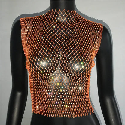 Women's Fishnet Rhinestone Crop Top 2024 Summer Sexy Mesh High Elastic Black White Shirt Net See Through Rave Diamond Tank Top - AMULET RING STORE