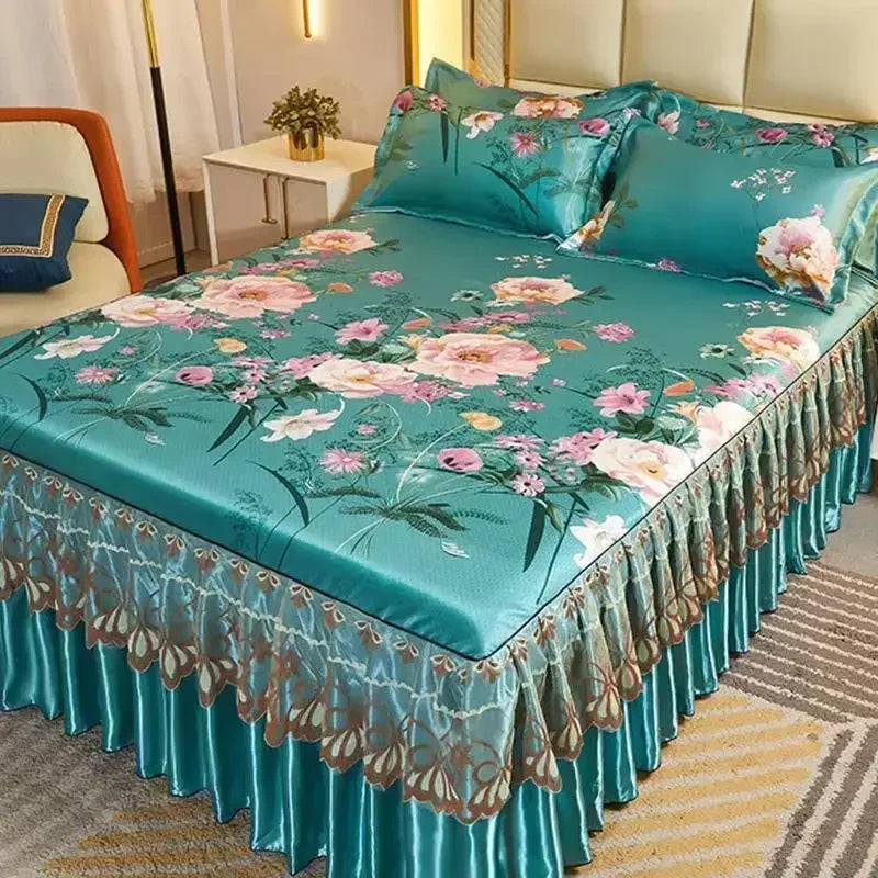 3Pcs/Lot Double Bed Sheet Set Classic Lace Royal Blue Bed Sheet Bed Skirt