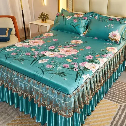 3Pcs/Lot Double Bed Sheet Set Classic Lace Royal Blue Bed Sheet Bed Skirt