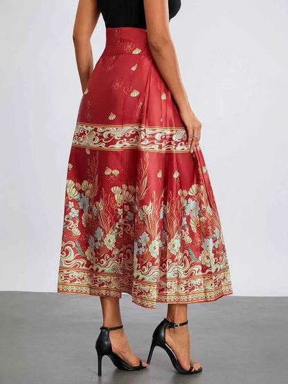 Women s Horse Face Skirt Elegant Phoenix Character Flower Print Pleated Tie Up A-Line Long Swing Skirt National Clothing