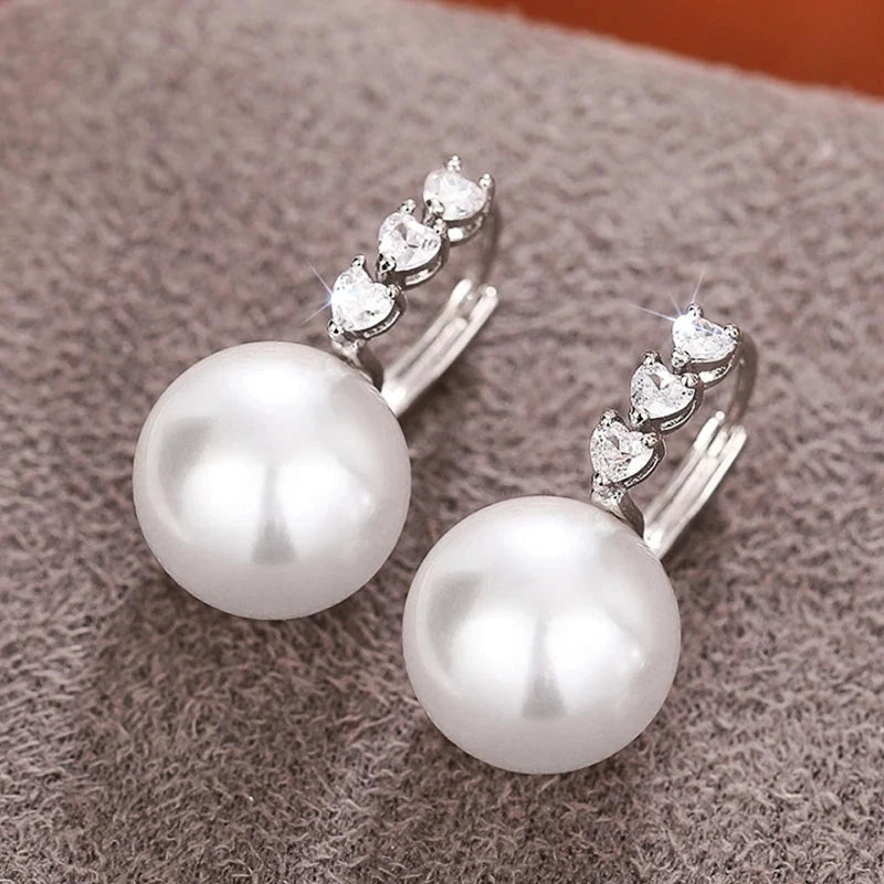 Huitan Bridal Wedding Earrings with Simulated Pearl Luxury Graceful Silver Color Shiny Heart Zirconia Accessories for Engagement - AMULET RING STORE