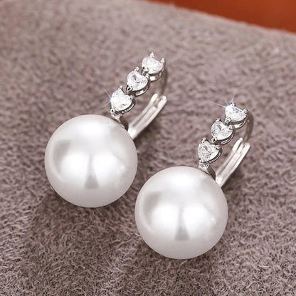 Huitan Bridal Wedding Earrings with Simulated Pearl Luxury Graceful Silver Color Shiny Heart Zirconia Accessories for Engagement - AMULET RING STORE