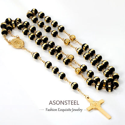 ASONSTEEL Long Scapular Catholic Rosaries Beads Christian Cross Jesus Pendant Necklaces Stainless Steel For Women Men Jewelry