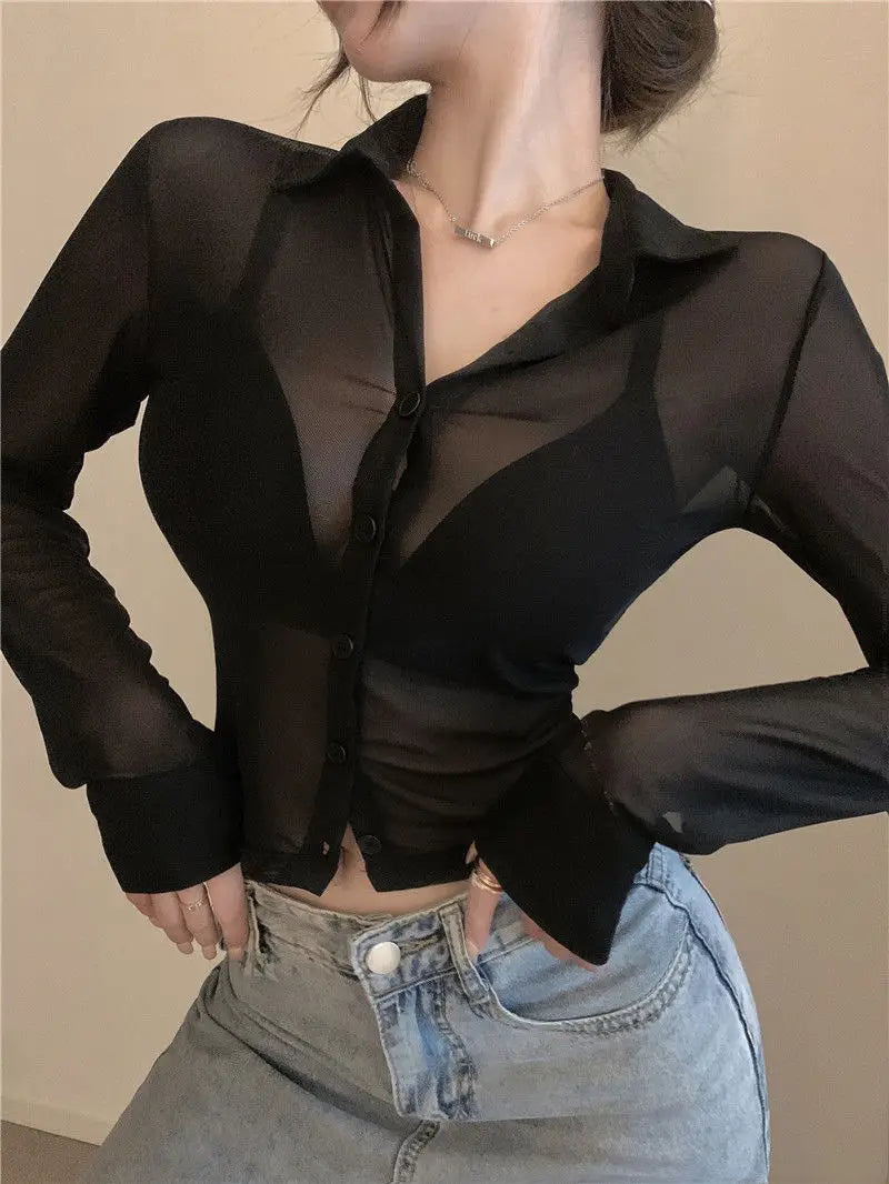 Bla Lace irt Sexy Thin Sun Protection Women's Summer New Pure Desire Versatile Slim ort Top Korean Sle Collar Lo... - AMULET RING STORE