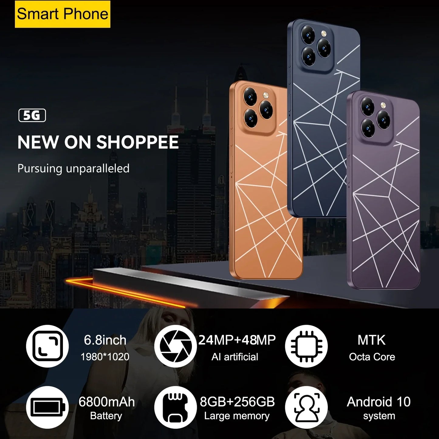 Global Version I16 Pro Max Smartphone Android,6.8'',12GB RAM 512GB ROM,Dual SIM,Mobile phones,Google Play Store,24+48MP,6800mAh - AMULET RING STORE