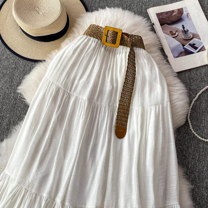 White High Waist A-Line Midi Skirt Women's Summer Casual Flared Cake Skirt Korean Sle Baking Poer Skirt for Young Women