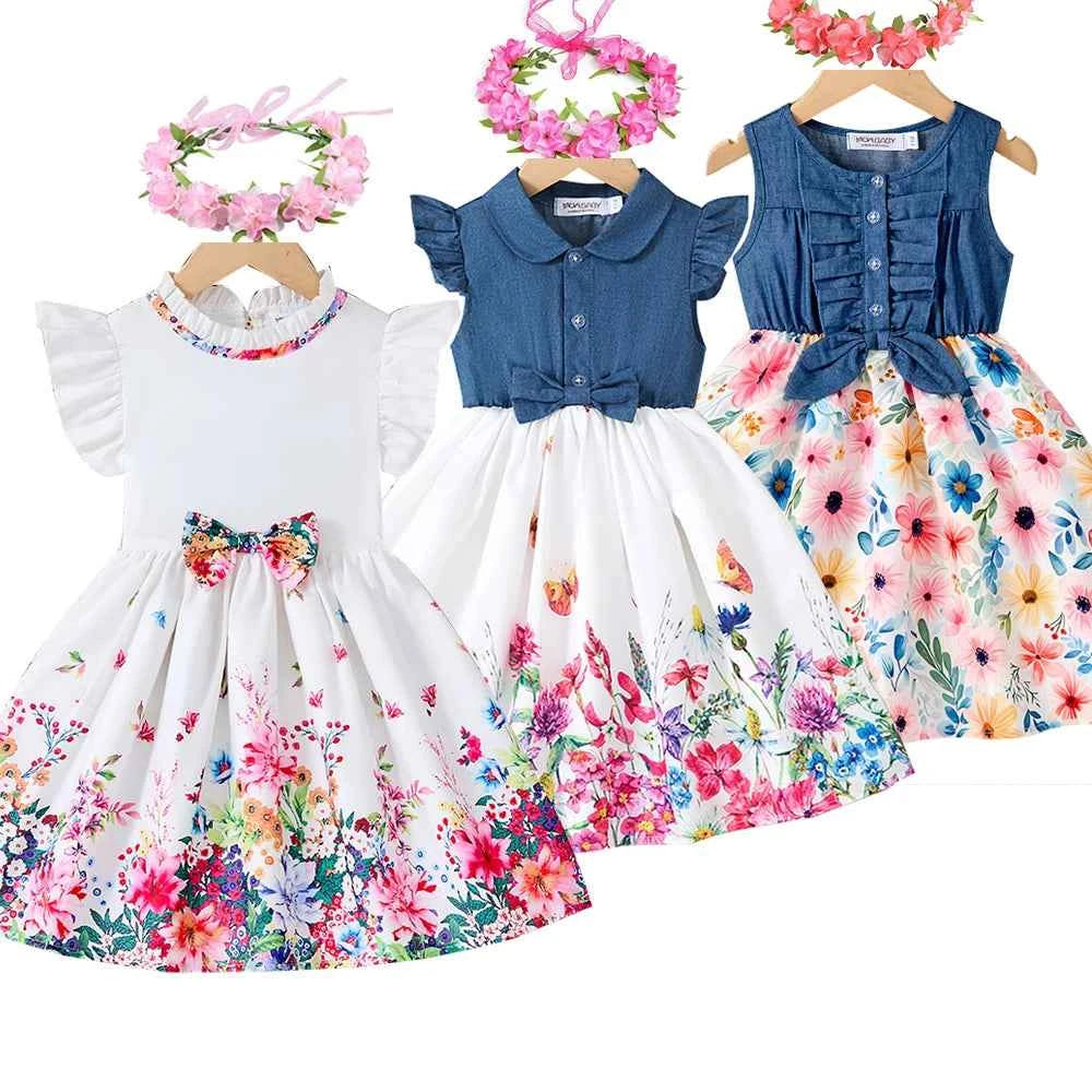 New Kids Girl Dress Summer Floral with Bow Fashion White Vestidos Short Sleeve Children Clothing Outfits Casual Printed  Dresses