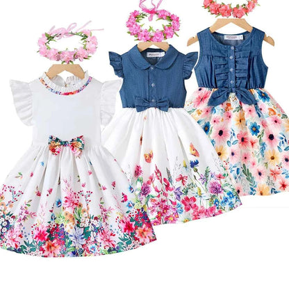 New Kids Girl Dress Summer Floral with Bow Fashion White Vestidos Short Sleeve Children Clothing Outfits Casual Printed  Dresses