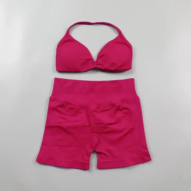 2PCS Yoga Gym Set Women Seamless Strappy Yoga Bra Top High Waist Workout Scrunch Shorts Sports Suit Fitness Clothes Sportswear