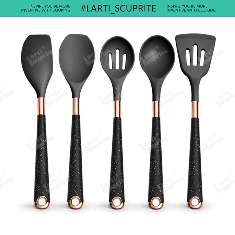 Good Quality Silicone Kitchen Utensils Set Rose Gold Plated Handle Cooking Tool Non-stick Heat Resistant Kitchenware Accessories