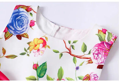 Summer Girls Rose Print Dress Princess Wedding Birthday Party Frocks Satin Children Vestidos Dresses For Girl Christmas Clothing