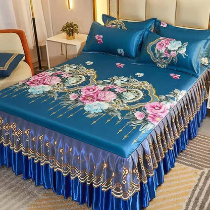 3Pcs/Lot Double Bed Sheet Set Classic Lace Royal Blue Bed Sheet Bed Skirt