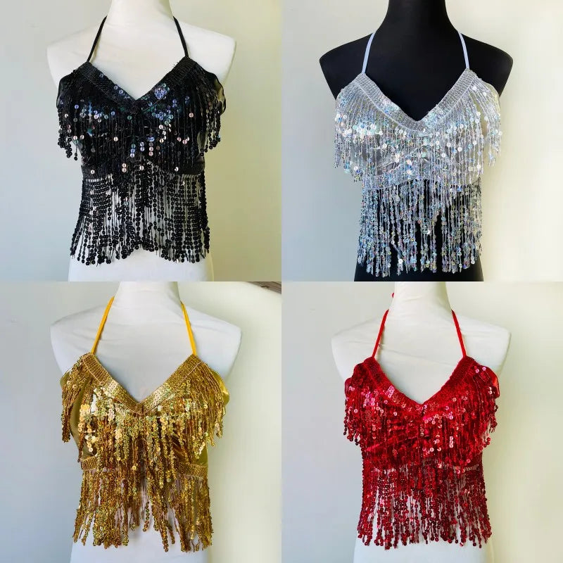 Women Belly Dance Tassel Crop Top Sequin Halter Top Bandage Tank Top Strappy Backless Tube Sleeveless Vest Hot Beach Shinny Top - AMULET RING STORE