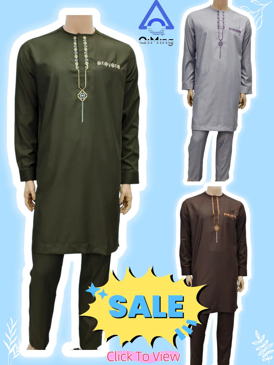 Arabian Jubba Thobe Ramadan Clothing Abaya Muslim Islamic Moroccan African Men's Nice Prayer Eid Robe Long Sleeve Embroidery