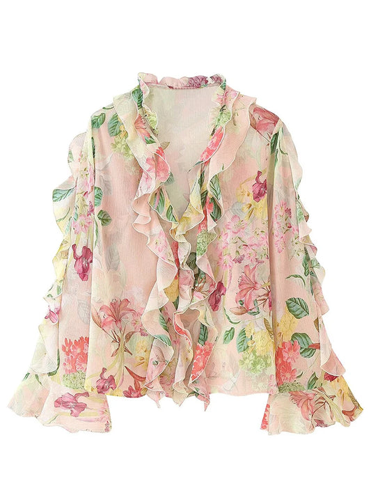European style new women's fashion versatile temperament flower print layered decorative long sleeve shirt