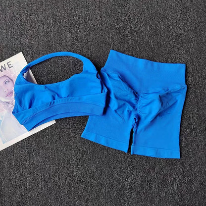 2 Pieces Yoga Suit for Women Seamless Fitness Gym Clothes Halter Sports Bra Matching Impact Shorts Workout Sets Gym Outfit