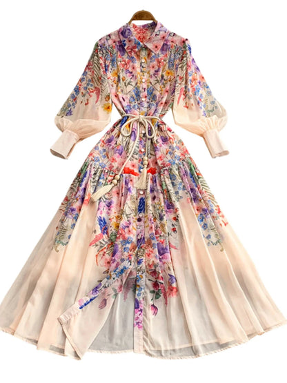 Faionable Print Long Dr Women's Spring Belted Waist Pleated Lantern Sve Turn-down Collar Dr Korean Sle Commute