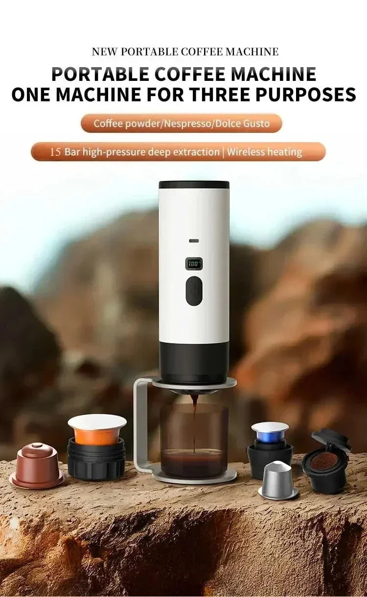 Portable Electric Coffee Maker 3-in-1 Capsule Coffee Grinder Travel Coffee Maker with Cordless Heating for Car and Home Camping - AMULET RING STORE