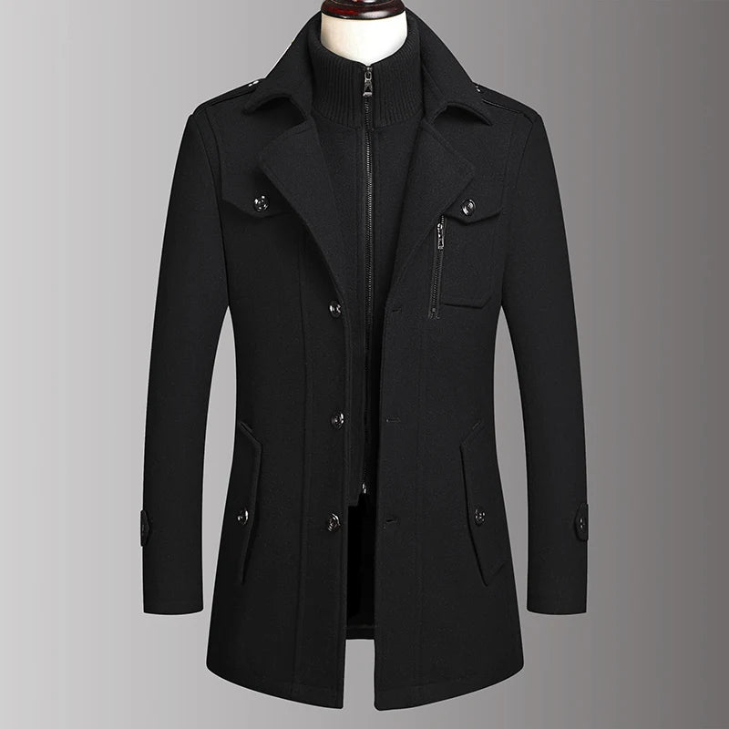 Men's Double Collar Wool Coat  Fashion Handsome Autumn Winter Business Style High Quality Middle-aged Men's Fashion Woolen Coat