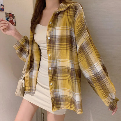 Plaid Shirt Women Spring Long Sleeve Top Female Vintage OL Fashion Single Breasted Blouse Ladies Preppy Style Loose Check Shirts