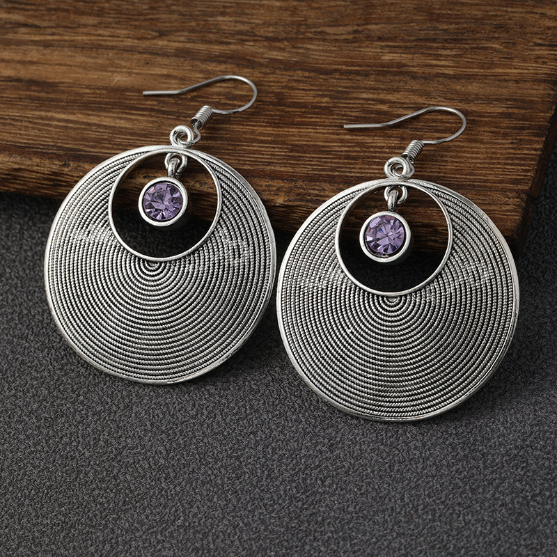 Vintage Style Big Round Shape Drop Earrings Inlaid Shiny Synthetic Gems Boho Style Hook Earrings