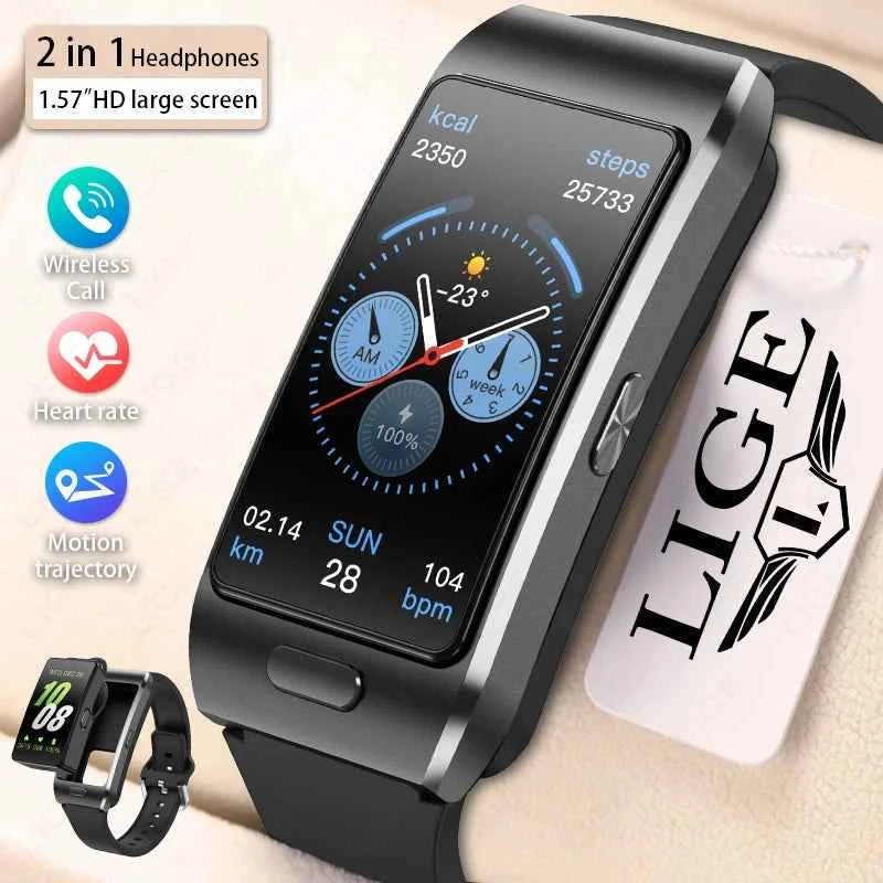 LIGE 2 In 1 TWS Headset Smart Watch 1.57" Men Women GPS Sports Fitness ECG Heart Rate Watches Bluetooth Call Music Smartwatch