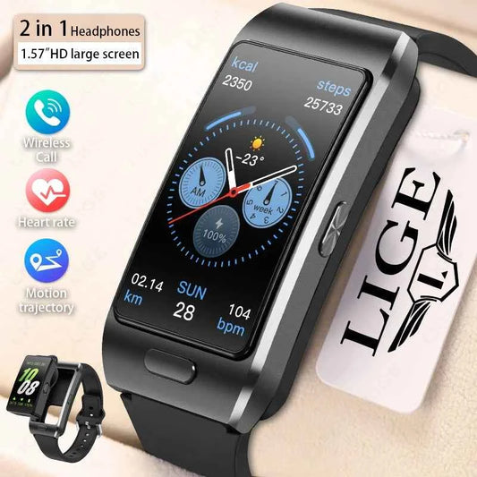 LIGE 2 In 1 TWS Headset Smart Watch 1.57" Men Women GPS Sports Fitness ECG Heart Rate Watches Bluetooth Call Music Smartwatch