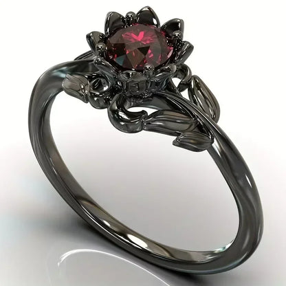 Black Color Flower Red Stone Rings for Women Charm Jewelry Accessories Rose Ring Party Gift